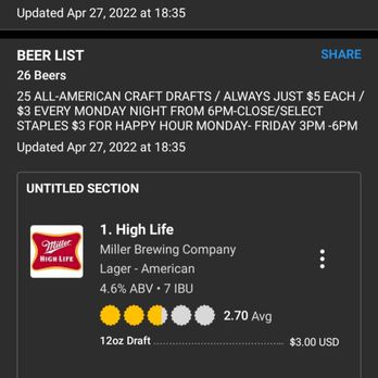 TownHall - Incorrect information on Untapped and three month old menu. - New American Near Me - Columbus, Ohio
