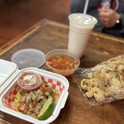 11:11 Sabores del Pueblo - Carnitas Taco, horchata and chicharones with fresh salsa!!! So tasty!!!
