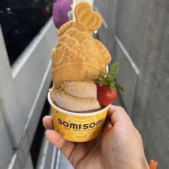 Somisomi - Ube Soft serve with upside down takoyaki - Desserts Near Me - Los Angeles, California Somisomi - Ube Soft serve with upside down takoyaki - Desserts Near Me - Los Angeles, California