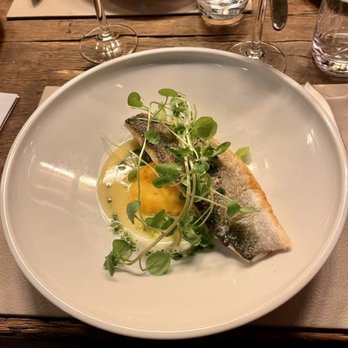D'vijff Vlieghen - Sea bass with carrot mousseline, broad beans,  green peas, and bearer blanc sauce - Modern European Near Me - Amsterdam, New Hampshire