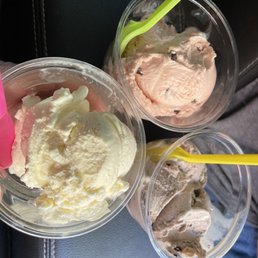 Lemon crunch, raspberry chip, cookies & cream double scoops Lemon crunch, raspberry chip, cookies & cream double scoops