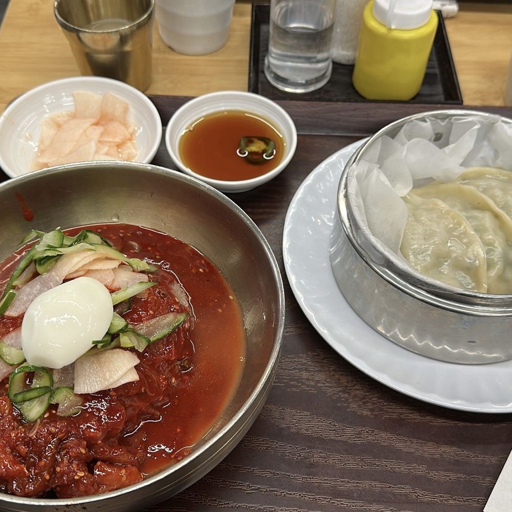 Hampyong Cold Noodles - Spicy noodle with pollock and a side of dumplings - Korean Near Me - Carrollton, Texas
