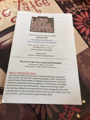 Menu photo 2 Lamp House Coffee Lynch, KY