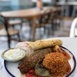 Turquaz - Turquaz Pistachio Kebab: Grilled minced lamb blended with pistachios, served w/ lavash, bulgur, cacık ($29)