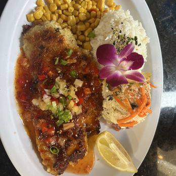 Blue Water Shrimp - Macadamia encrusted fish with pineapple chili sauce. - Hawaiian Near Me - Honolulu, Hawaii