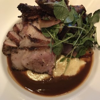 Redbird - Roast rib of pork, taleggio polenta, grilled peaches, belly. So delish. Large serving. Enough for two hungries. - New American Near Me - Los Angeles, California Redbird - Roast rib of pork, taleggio polenta, grilled peaches, belly. So delish. Large serving. Enough for two hungries. - New American Near Me - Los Angeles, California