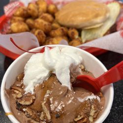 Freddy's Frozen Custard & Steakburgers - Turtle Sundae using chocolate custard as the base instead of vanilla. Cheese curds!!!