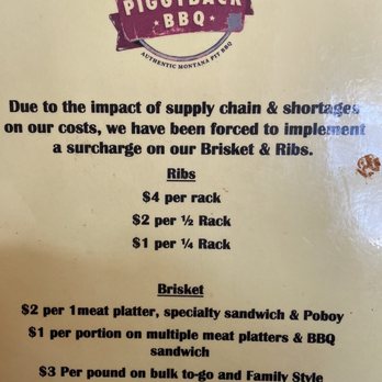Piggyback BBQ - Meat surcharge....  At a bbq restaurant.    Almost like charging for sand at the beach. - Barbeque Near Me - Whitefish, Montana