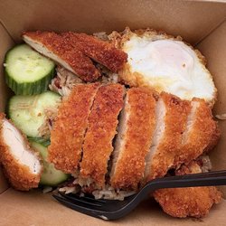 Sook Thai Mobile Kitchen - Signature kaprao bacon fried rice, with fried egg, and panko breaded chicken