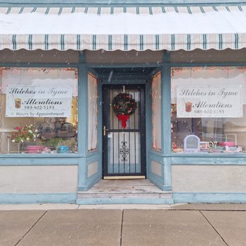 Stitches in Tyme Alterations - Front of shop with updated awning and signs. - Sewing & Alterations Near Me - Auburn, Michigan Stitches in Tyme Alterations - Front of shop with updated awning and signs. - Sewing & Alterations Near Me - Auburn, Michigan
