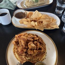 Breakfast burrito  3/5, chips and salsa  5/5, and popcorn and corncakes  2.5/5