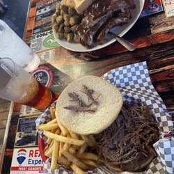 Jordan's Bar-B-Q - Pulled Baby Back Pork Ribs, pulled beef bbq sandwhich, fries, fried okra, and toast.