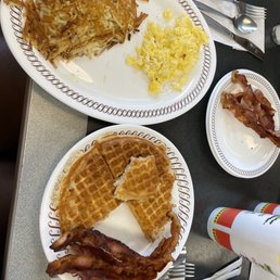 bacon, eggs, and waffles bacon, eggs, and waffles