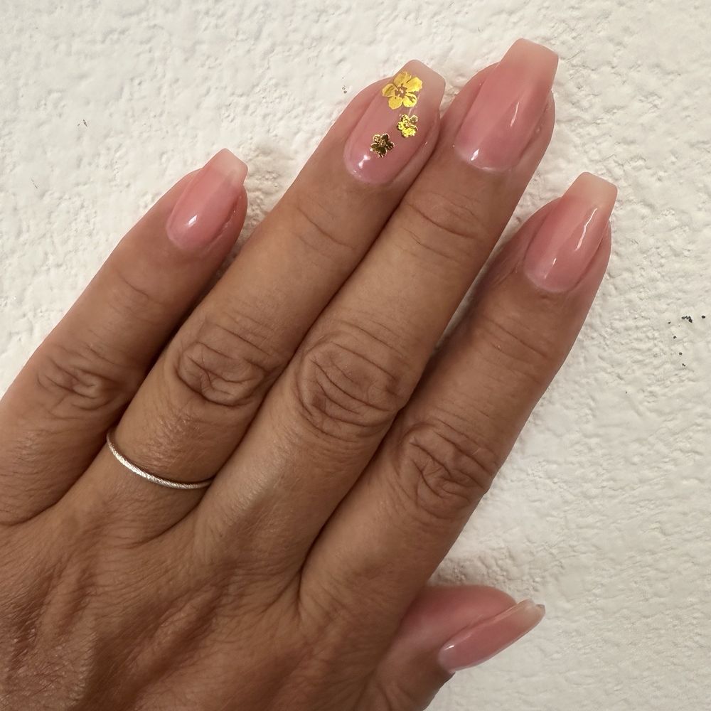 Sheer pink with dainty gold hibiscus  flowers