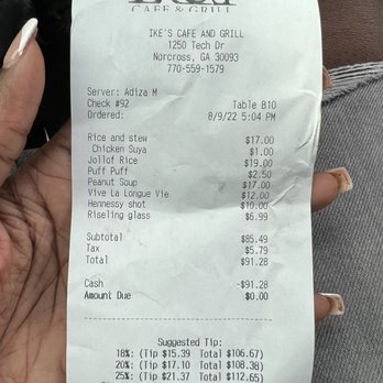 Ike's Cafe and Grill - Receipt - African Near Me - Norcross, Georgia