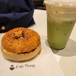 Cafe Daisy - Salted cheesecake matcha latte, parmesan bagel w/ onion & bacon cream cheese