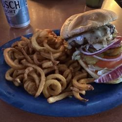 7 West Bar And Grill - Burger with Swiss cheese and fries.