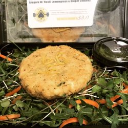 Prepped By ACE - Almond crust salmon patty, arugula, micro greens W/ Basil Lemongrass & Ginger No Oil Dressing