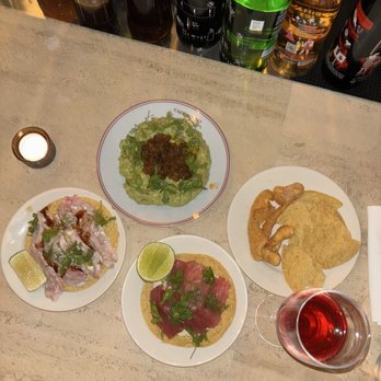 Café Tondo - Left Kinilaw tostada. Right Tuna tostado. Top Guac and chips - Cafes Near Me - Los Angeles, California