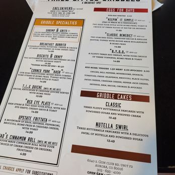 Three Little Griddles - a menu on a table - Breakfast & Brunch Near Me - Aurora, Colorado