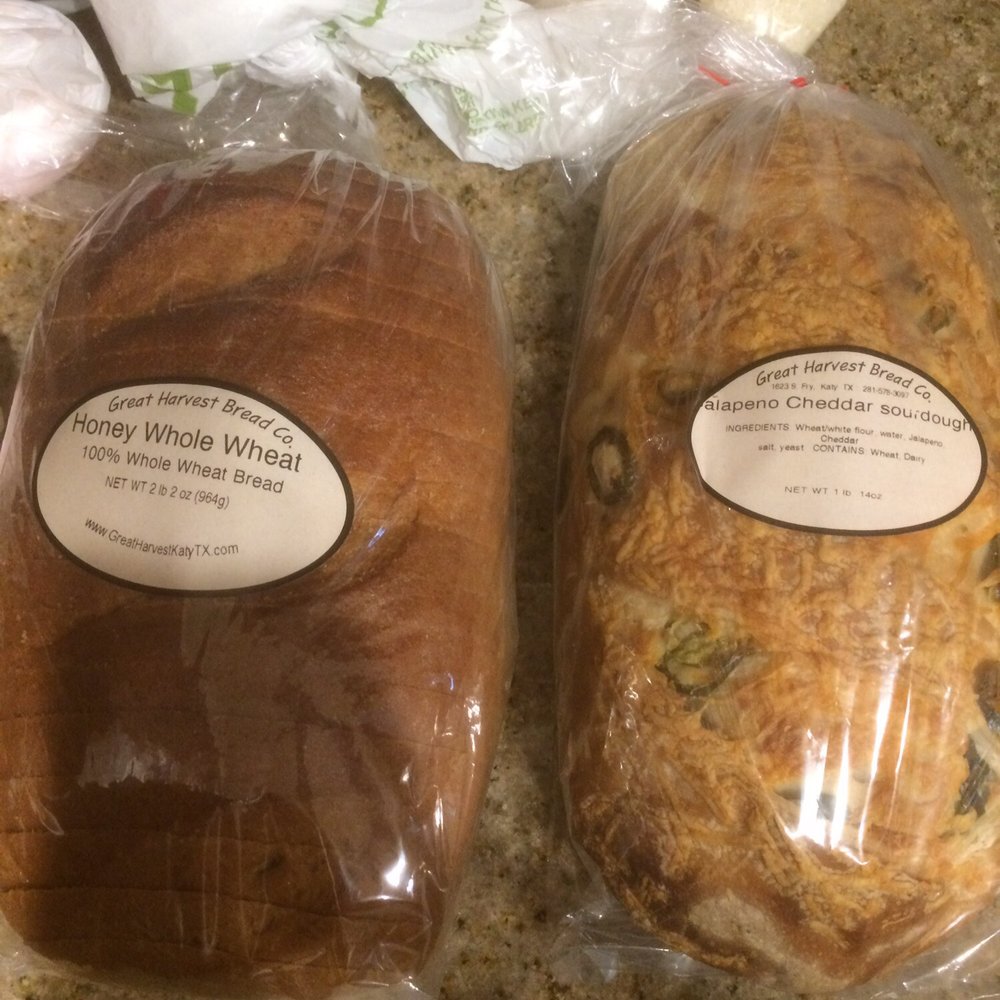 Great Harvest Bread - Honey whole wheat, $5.75. Jalapeños cheddar sourdough, $6.95. - Bakeries Near Me - Katy, Texas Great Harvest Bread - Honey whole wheat, $5.75. Jalapeños cheddar sourdough, $6.95. - Bakeries Near Me - Katy, Texas
