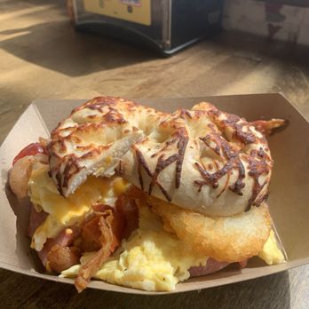 Bagel Time Cafe - Bacon, egg, and cheese w/ hash brown on a asiago bagel - Cafes Near Me - Wildwood Crest, New Jersey
