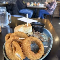 D Street Cafe - French dip style sandwich with onion rings. Yum!!