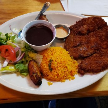 La Cubana - Milanesa De Pollo with black beans, plantain and a salad. - Cuban Near Me - Marietta, Georgia