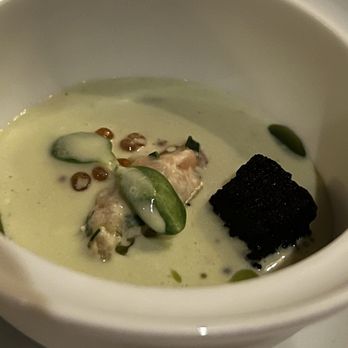 La Mer - Amuse Bouche - asparagus pannacotta with smoked salmon and trout roe, squid ink crouton, asparagus vichyssoise - French Near Me - Honolulu, Hawaii La Mer - Amuse Bouche - asparagus pannacotta with smoked salmon and trout roe, squid ink crouton, asparagus vichyssoise - French Near Me - Honolulu, Hawaii