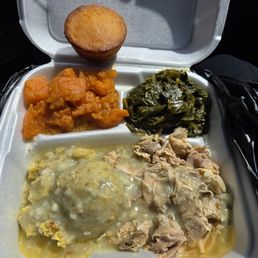 Turkey and dressing, yams, Greens