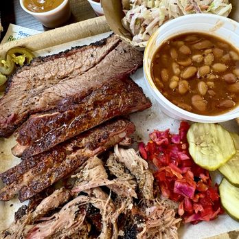 Fire + Smoke BBQ - 3 proteins plate - brisket, ribs (2), and pulled pork - Barbeque Near Me - Cedar City, Utah