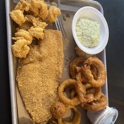 The Fish House - Grouper and shrimp with onion rings and coleslaw