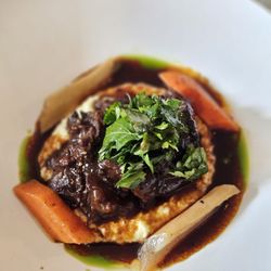 Le Jardinier - Restaurant week winter 2026 - braised beef cheeks, creamy polenta, root vegetables, red wine jus