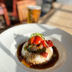 Moon Under Water Brewpub - Vegan Rice Bowl and Potts Pilsner