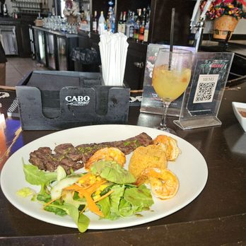 Little Mexico Restaurant - Skirt steak with yellow rice, shrimp, and salad. White sangria. - Mexican Near Me - Medford, New York Little Mexico Restaurant - Skirt steak with yellow rice, shrimp, and salad. White sangria. - Mexican Near Me - Medford, New York
