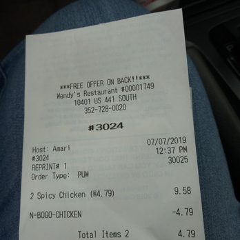 Wendy's - a receipt for a restaurant - Burgers Near Me - Leesburg, Florida Wendy's - a receipt for a restaurant - Burgers Near Me - Leesburg, Florida