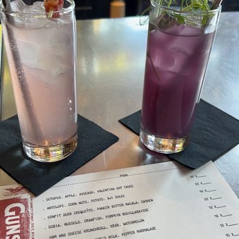 Gunshow - Drinks! One was the seasonal drink and the other was the nonalcoholic watermelon drink - New American Near Me - Atlanta, Georgia Gunshow - Drinks! One was the seasonal drink and the other was the nonalcoholic watermelon drink - New American Near Me - Atlanta, Georgia