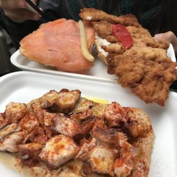 Smoked salmon toast, fried chicken toast, and octopus toast