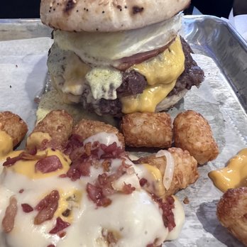 9er's Diner & Pub - Benny Smash burger with 9ers tots - Breakfast & Brunch Near Me - Brunswick, Ohio