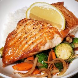 Fire Fare Food Services - King Salmon, Sticky Rice and Organic sesame stir-fry veggies. Simply delightful.