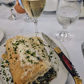 The Great Greek - Spanakopita: Filo millefeuille pastry, spinach-goat cheese filling. Retsina wine - Greek Near Me - Sherman Oaks, California The Great Greek - Spanakopita: Filo millefeuille pastry, spinach-goat cheese filling. Retsina wine - Greek Near Me - Sherman Oaks, California
