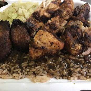 Jamaican Grille - Jerk chicken with "peas and rice" (beans and rice), plantains, and cabbage and carrots - Caribbean Near Me - Raleigh, North Carolina Jamaican Grille - Jerk chicken with "peas and rice" (beans and rice), plantains, and cabbage and carrots - Caribbean Near Me - Raleigh, North Carolina