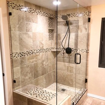 Jvr Shower Doors, Windows, and Glass - Frameless shower with oil rubbed bronze hardware and 3/8 clear glass. - Windows Installation Near Me - Riverside, California Jvr Shower Doors, Windows, and Glass - Frameless shower with oil rubbed bronze hardware and 3/8 clear glass. - Windows Installation Near Me - Riverside, California