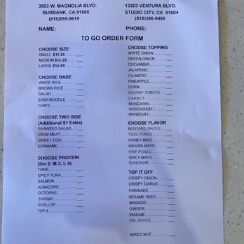 All About Poke - Here is an updated version of their to go order form. - Seafood Near Me - Burbank, California