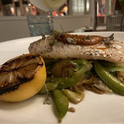 Ariccia Cucina - Pesce - GF 7oz Gulf pan-seared red snapper, brussels, snap peas, salsa rossa, lemon