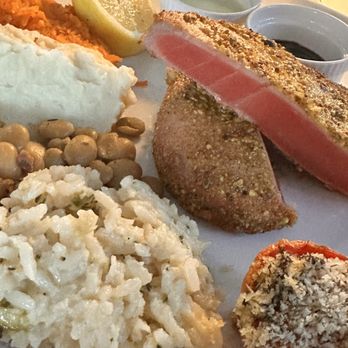 Cafe Sole - Tuna comes with a beautiful combination of fresh veggies. Rice. Sweet potatoes. - Seafood Near Me - Key West, Florida Cafe Sole - Tuna comes with a beautiful combination of fresh veggies. Rice. Sweet potatoes. - Seafood Near Me - Key West, Florida