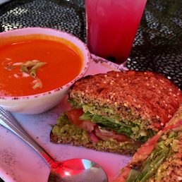tomato soup, Pea sandwich & blueberry lemonade cocktail