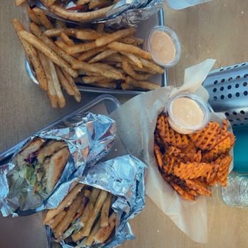 Spitz - Plano - The Gyro Combo Meal w/ fries (top), Sweet Potato Fries & The Vegan Wrap - Mediterranean Near Me - Plano, Texas