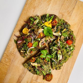 Jummee's BLISS Kitchen - OMG Mung Bean Pizza (Vegan): Organic Mung bean dough, soaked in alkaline water, blended with fresh cilantro, parsley. farm-to-table toppings - Vegan Near Me - Los Angeles, California Jummee's BLISS Kitchen - OMG Mung Bean Pizza (Vegan): Organic Mung bean dough, soaked in alkaline water, blended with fresh cilantro, parsley. farm-to-table toppings - Vegan Near Me - Los Angeles, California
