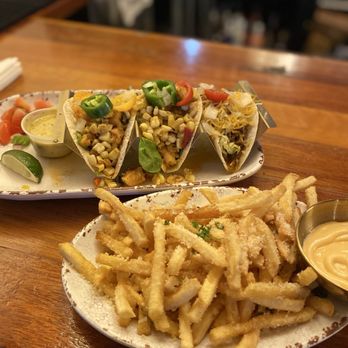JusTini’s - 2Seafood Tacos 1 Hot Sausage Taco and Truffle Fries - Seafood Near Me - New Orleans, Louisiana